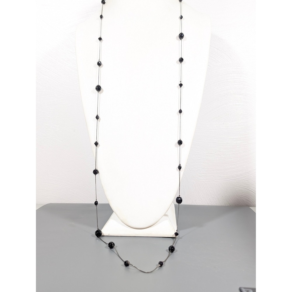 Extra Long 48" Gunmetal S-Link Station Necklace Black Faceted Glass Beads